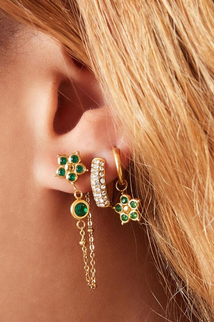 Boucles d'oreilles pendantes fleur zircone Vert & Or Acier inoxydable Image3